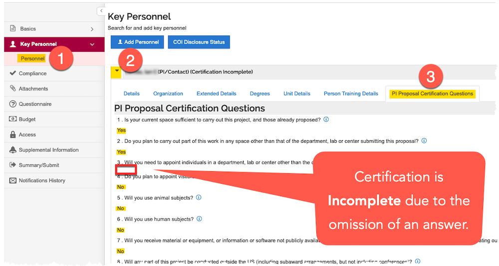 Certification Incomplete screen image